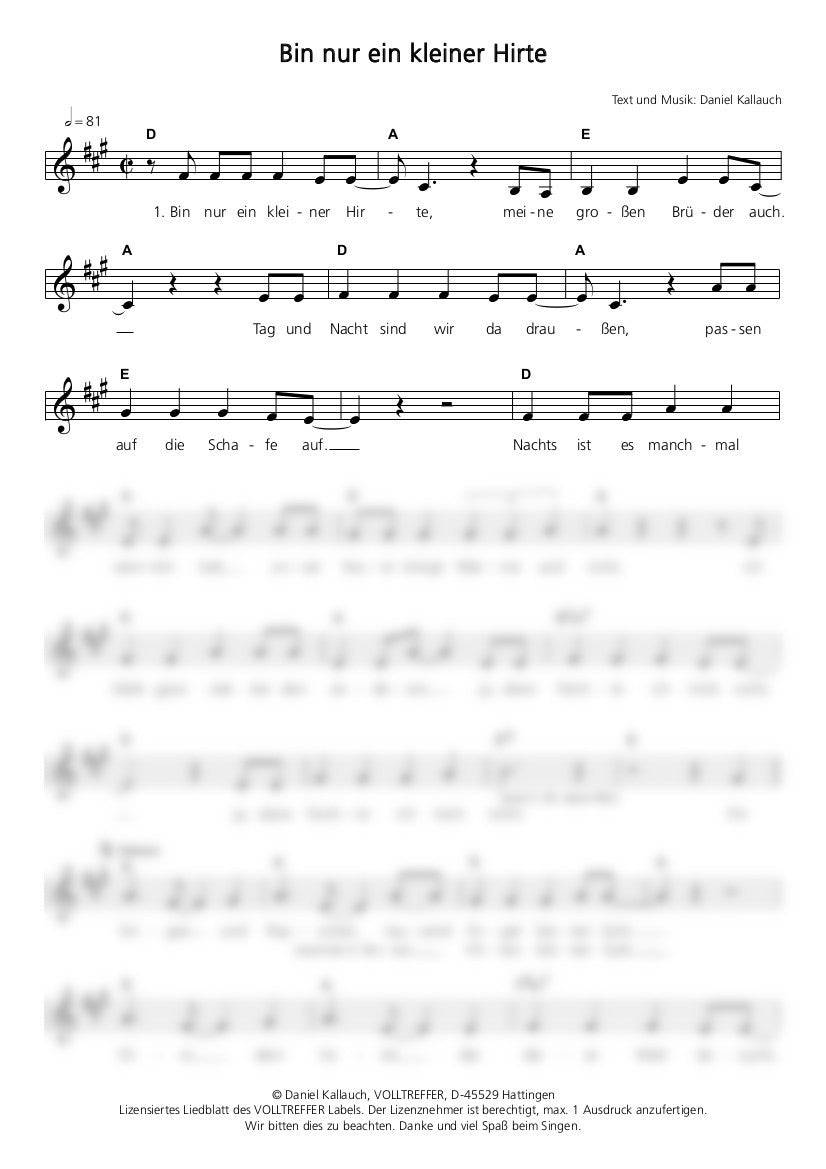 Bin nur ein kleiner Hirte - Liedblatt