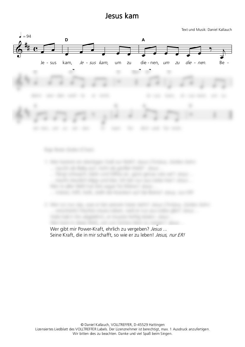 Jesus kam - Liedblatt