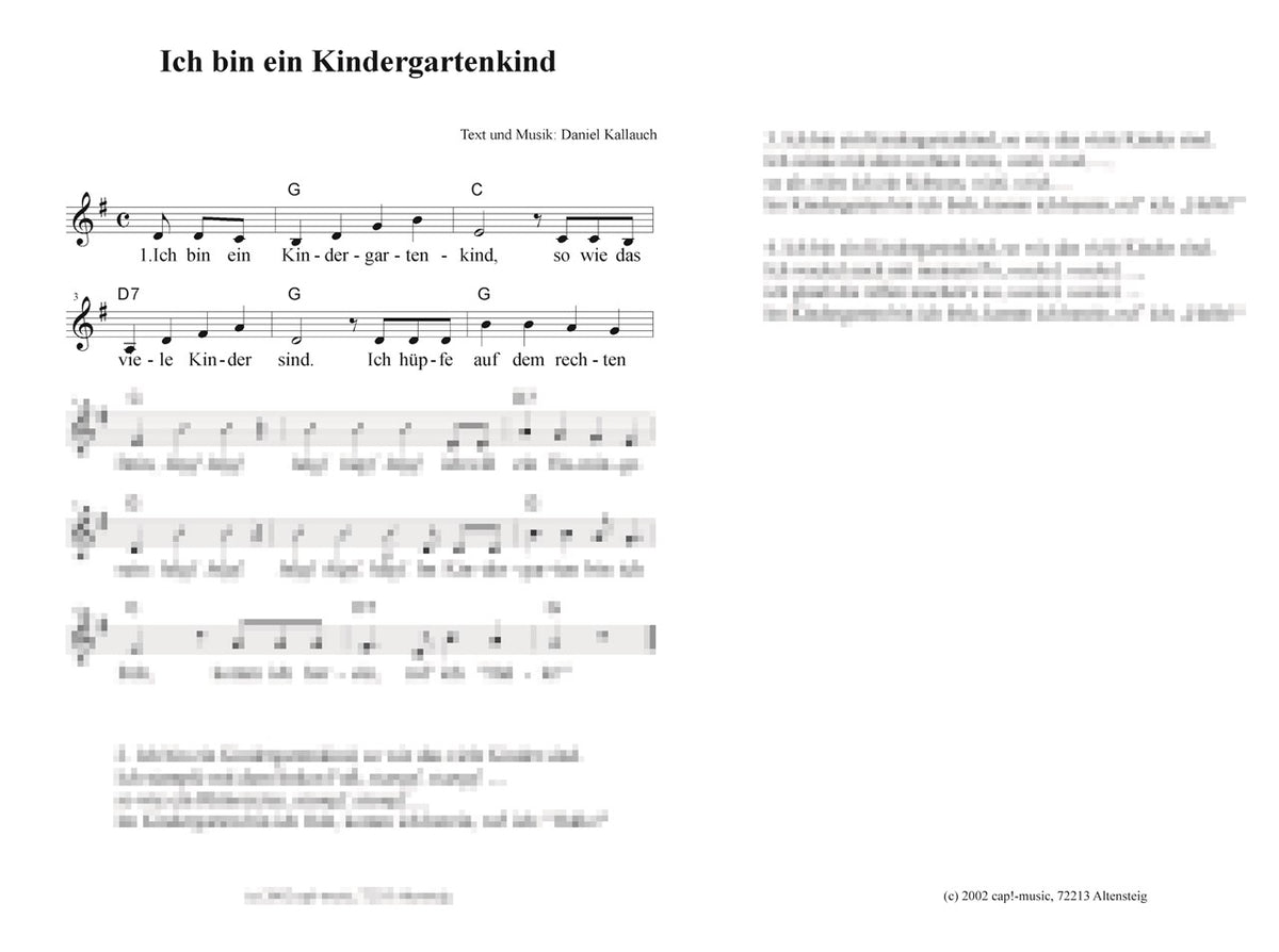 Ich bin ein Kindergartenkind - Liedblatt