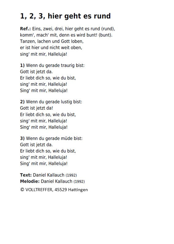 1, 2, 3 hier geht es rund - Klaviersatz