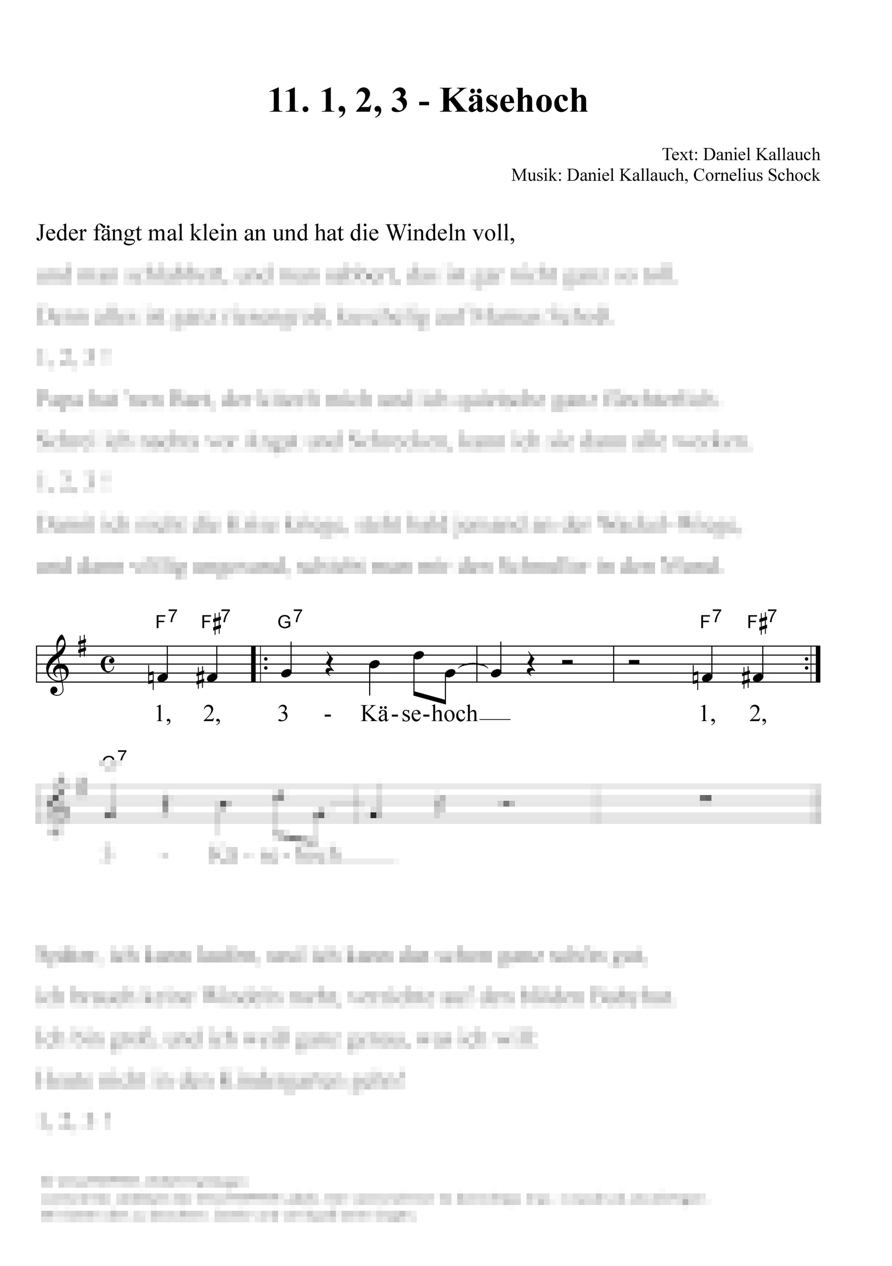 1, 2, 3, Käsehoch - Liedblatt